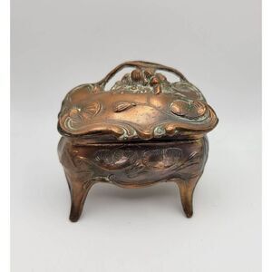 Antique 1900's Art Nouveau Copper Floral Lilly Pad Unique Shaped Jewelry Casket